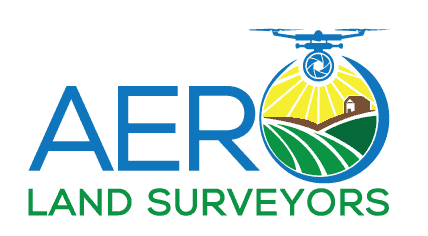 Logo of Aero Land Surveyors, serving Martin County, Okeechobee County, and Indian River County. It features "AERO" in blue, with the 'O' stylized as a landscape with fields, a sunset, and a drone above. Below, "LAND SURVEYORS" is written in green.