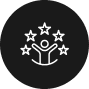 A black circular icon with a white outline of a person raising their arms, often seen among Land Surveyors in Okeechobee County. Five stars are arranged in an arc above the person, symbolizing achievement or satisfaction.