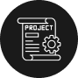 Icon depicting a project document with a gear symbol, representing project planning or management, ideal for Land Surveyors in Martin County. The document features text lines and is set against a dark circular background.