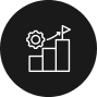 Icon depicting a bar chart with three ascending bars and a flag on the tallest bar, symbolizing progress. A gear with an upward arrow is beside the chart, on a black circular background, reflecting the precision of Land Surveyors in Martin County.