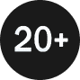 A black circle with the number "20+" in bold white text centered inside, symbolizing over 20 years of expertise by Land Surveyors in Okeechobee County.