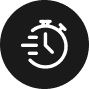 A white stopwatch icon with three motion lines on a black circular background, symbolizing the speed and efficiency of Land Surveyors in Indian River County.