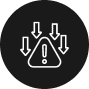 A triangular warning icon with an exclamation mark in the center is surrounded by three downward-pointing arrows, all outlined in white on a black circular background, like the precise markings of Land Surveyors Martin County ensuring clarity and precision.