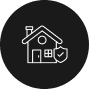 A black circle features a white outline of a house with a chimney, door, and window, next to a shield symbol representing security. Ideal for Land Surveyors in Indian River County seeking an emblem of trust and protection.