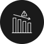 Icon of a declining bar chart with an arrow pointing downwards and a warning triangle above, symbolizing potential risks or decreases, much like unforeseen challenges faced by land surveyors in Okeechobee County.