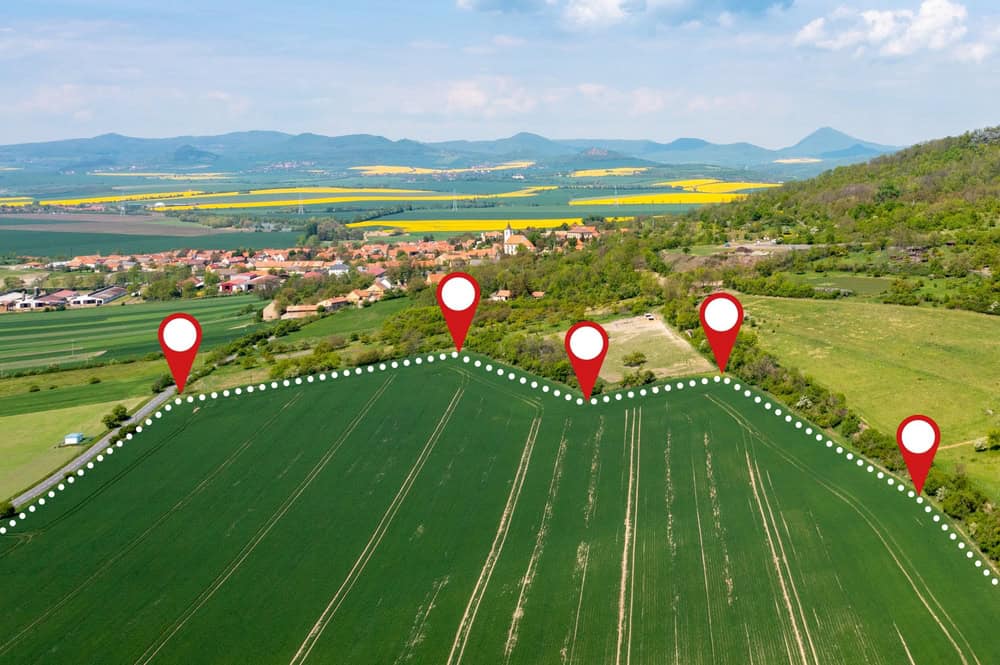 Aerial view of lush green fields with five red location pins marking a path along a dotted line, expertly plotted by Land Surveyors in Martin County. In the background, small houses, trees, and distant rolling hills rest under a partly cloudy sky.