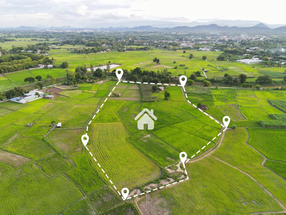 Aerial view of a lush green countryside in Martin County, with a marked area outlined by a dotted line and map pins. Central to this landscape is a house icon, indicating a property boundary. Surrounding features include fields, trees, and distant hills under the watchful eye of land surveyors.