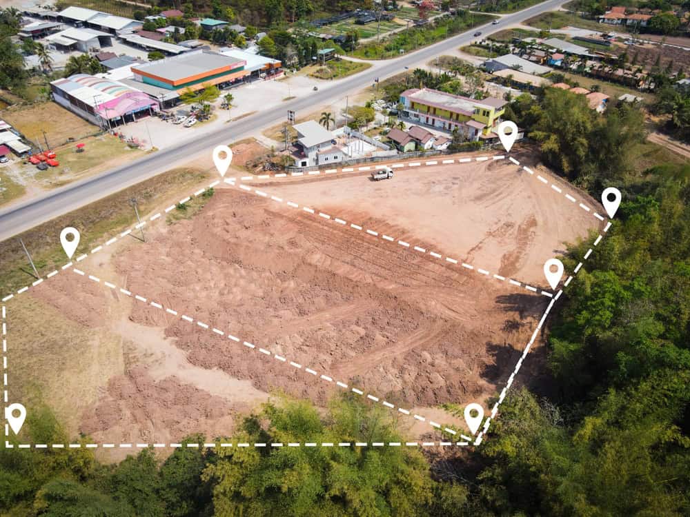 Aerial view of a construction site marked with white dashed lines and location pins by Land Surveyors Indian River County. The site is surrounded by trees, with a road and buildings nearby, showcasing precision in mapping and planning within the lush landscape.