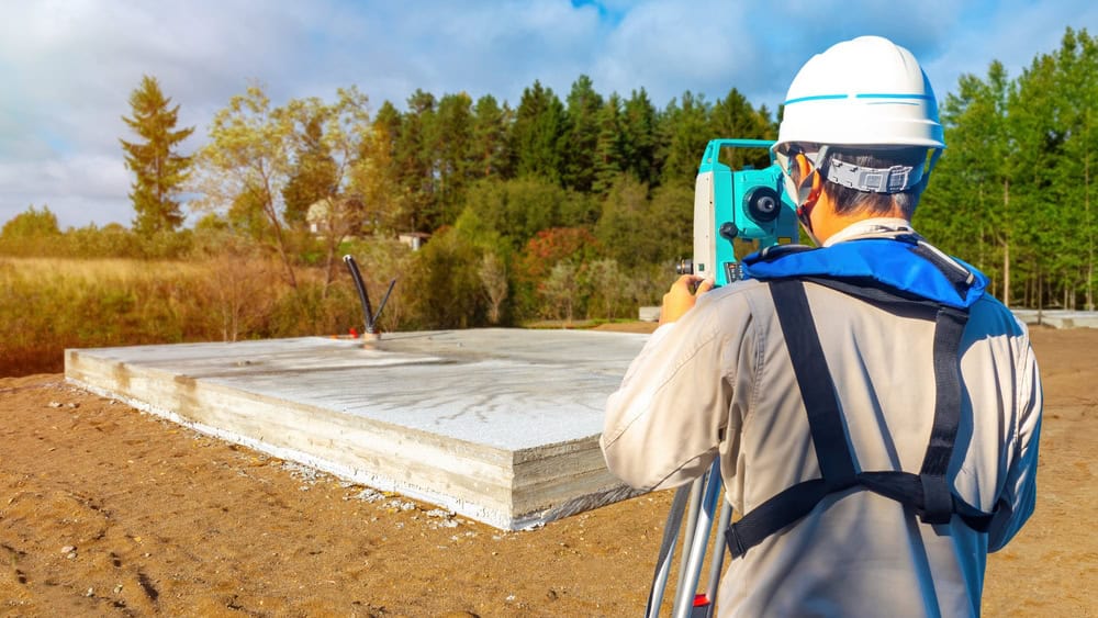 A construction worker equipped with a hard hat and safety gear uses a theodolite to survey a concrete foundation slab at a construction site. Surrounded by trees under a partly cloudy sky, this precise task is typical for Land Surveyors in Indian River County.