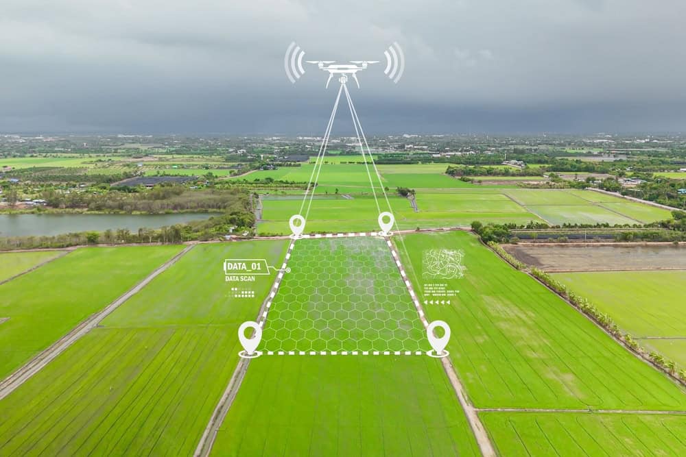 A drone hovers over lush green agricultural fields in Martin County, with digital overlays illustrating data collection and GPS mapping. This scene showcases the integration of technology in farming, akin to the precision seen with land surveyors. A cloudy sky looms in the background.