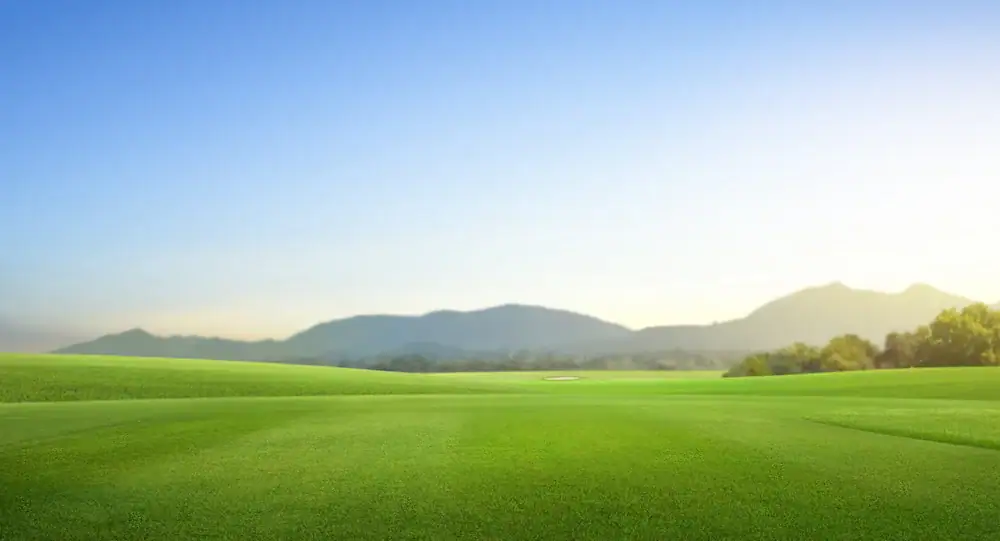 A wide, green golf course under a clear blue sky with distant hills and mountains in the background, bathed in soft sunlight.